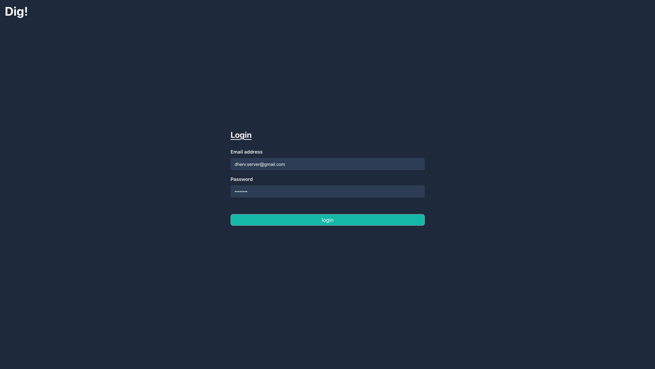 Dig! website screenshot, presenting the login page