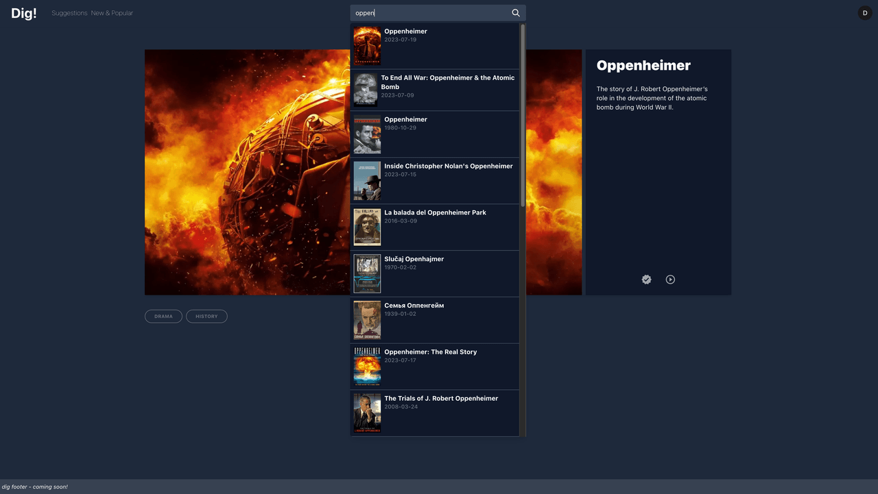 Dig! website screenshot, presenting the movie search