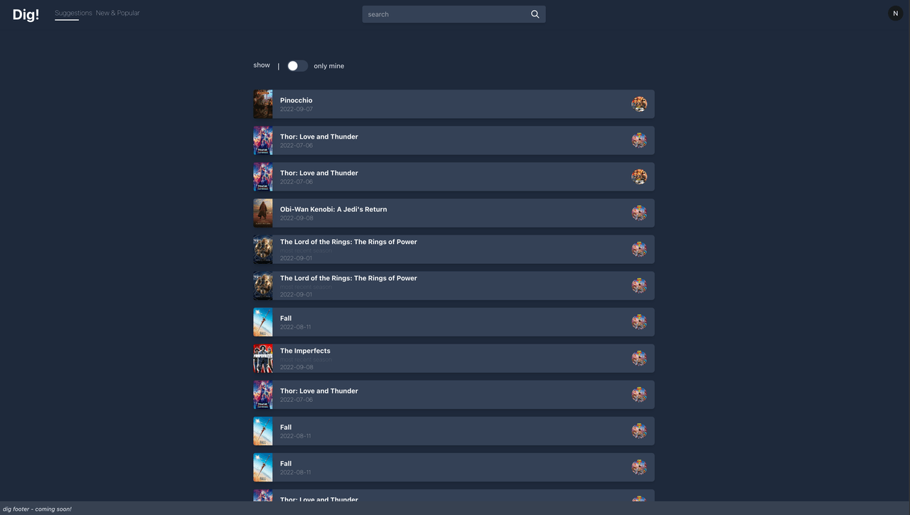 Dig! website screenshot, presenting the suggestions page
