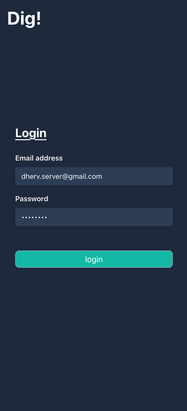 Dig! website screenshot, presenting the mobile login page