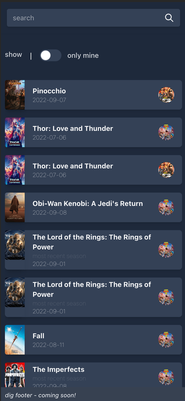 Dig! website screenshot, presenting the mobile suggestions page