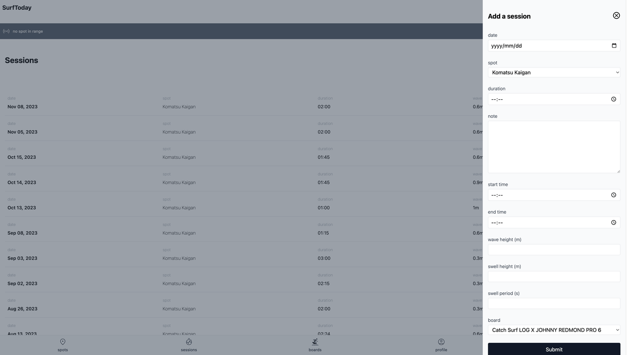 Surf Today website screenshot, presenting the add session page